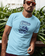 Model wearing CHILLAX T-SHIRT in light blue, promoting chill vibes and comfywear.