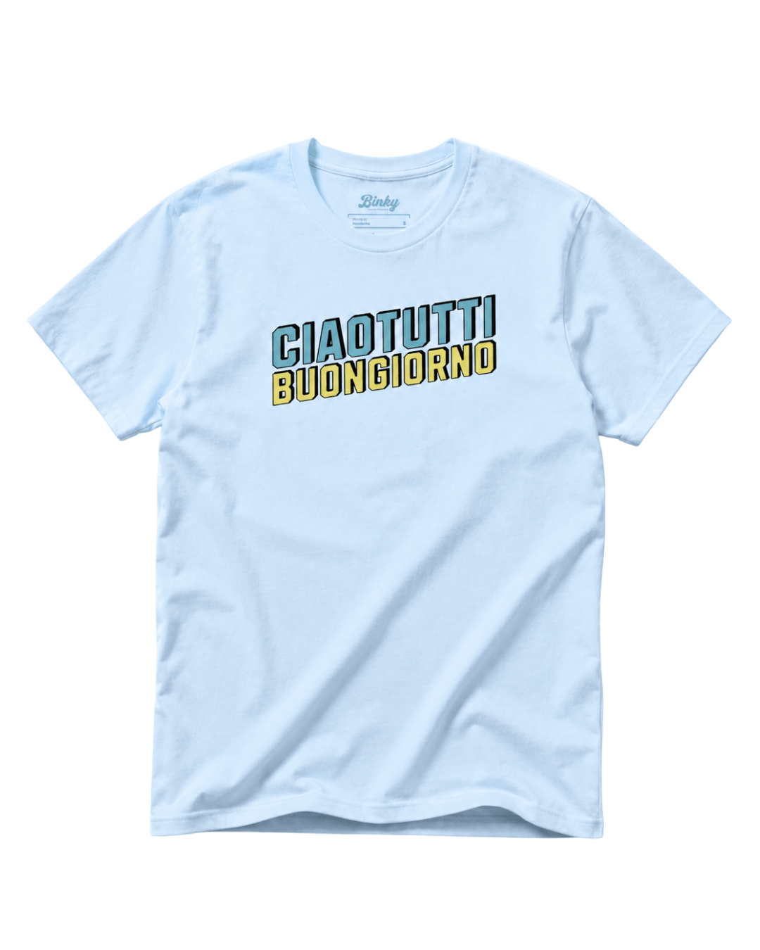 Ciao Tutti T-Shirt | Buongiorno Classic in light blue with bold text design.