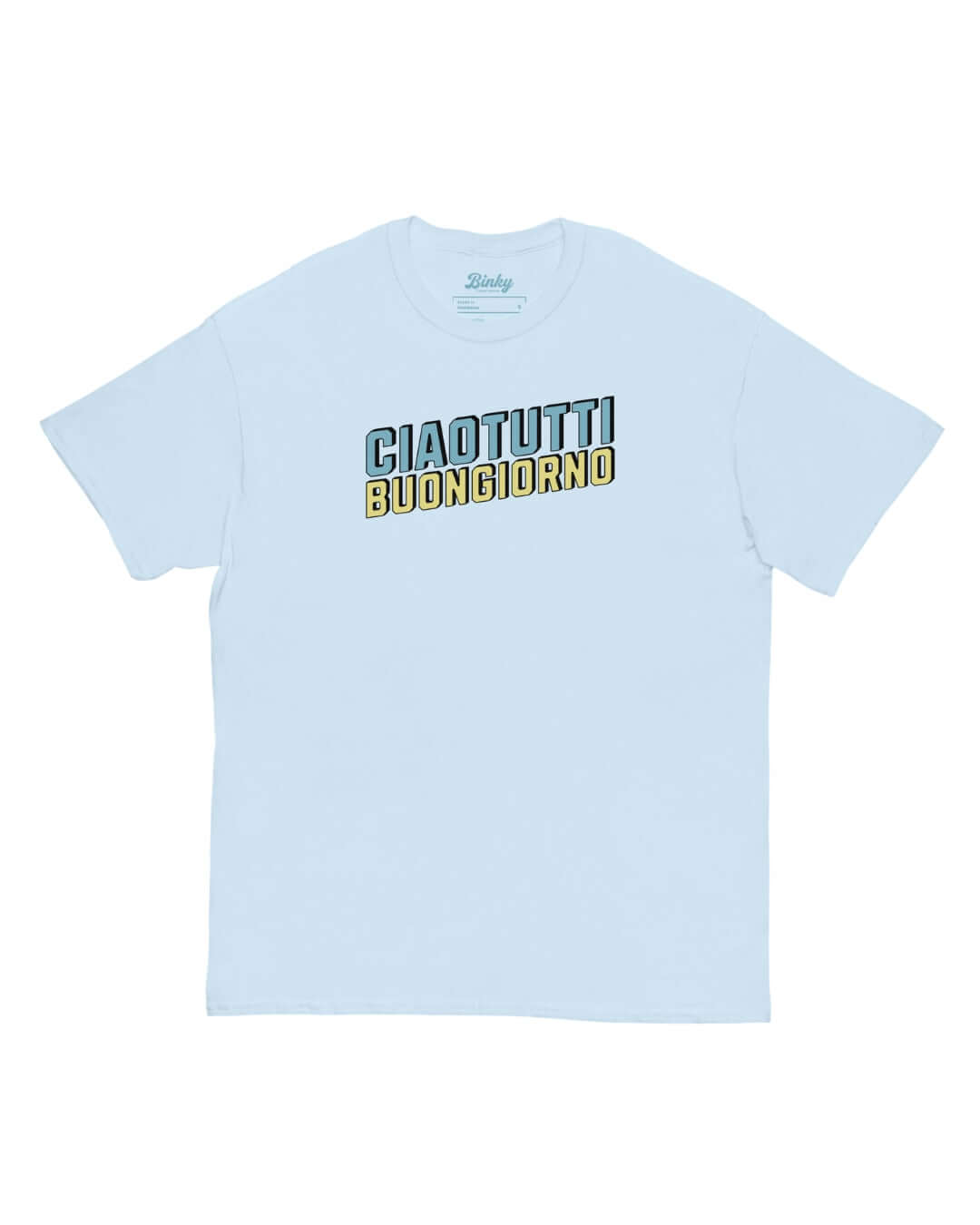 Ciao Tutti T-Shirt in Light Blue with vintage Italian-inspired Ciao Tutti Buongiorno front lettering