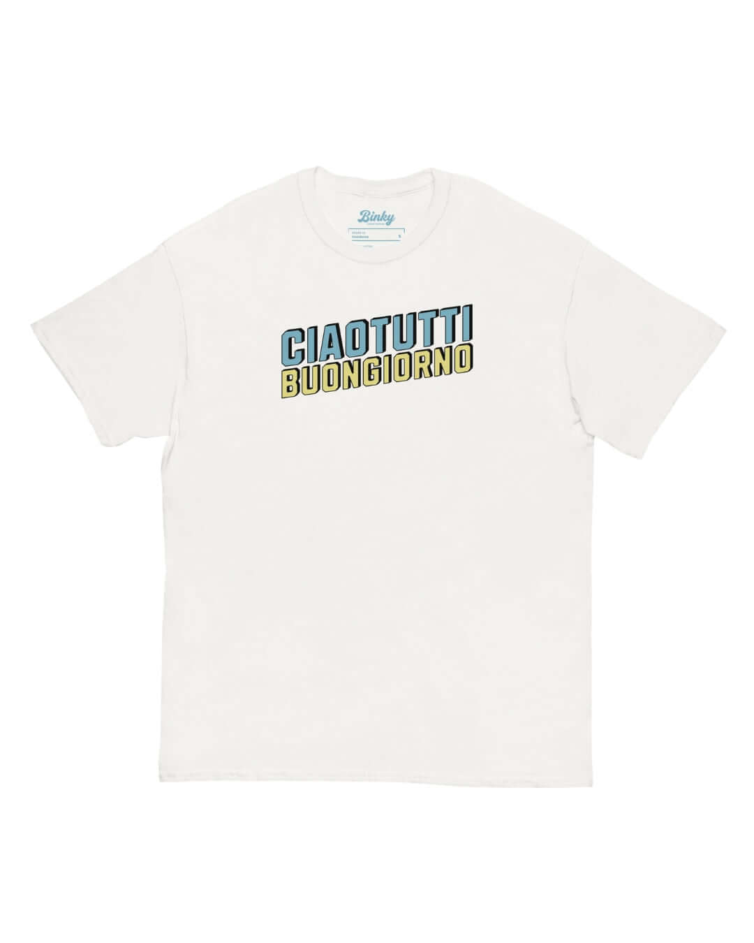 Ciao Tutti T-Shirt in White with vintage Italian-inspired Ciao Tutti Buongiorno front lettering