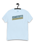Ciao Tutti T-shirt | Buongiorno Classic hanging on a hook, featuring a light blue design by binky comfywear.
