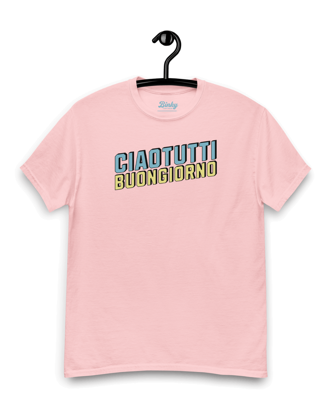 Ciao Tutti T-shirt | Buongiorno Classic in pink with bold typography showcased on a hanger.