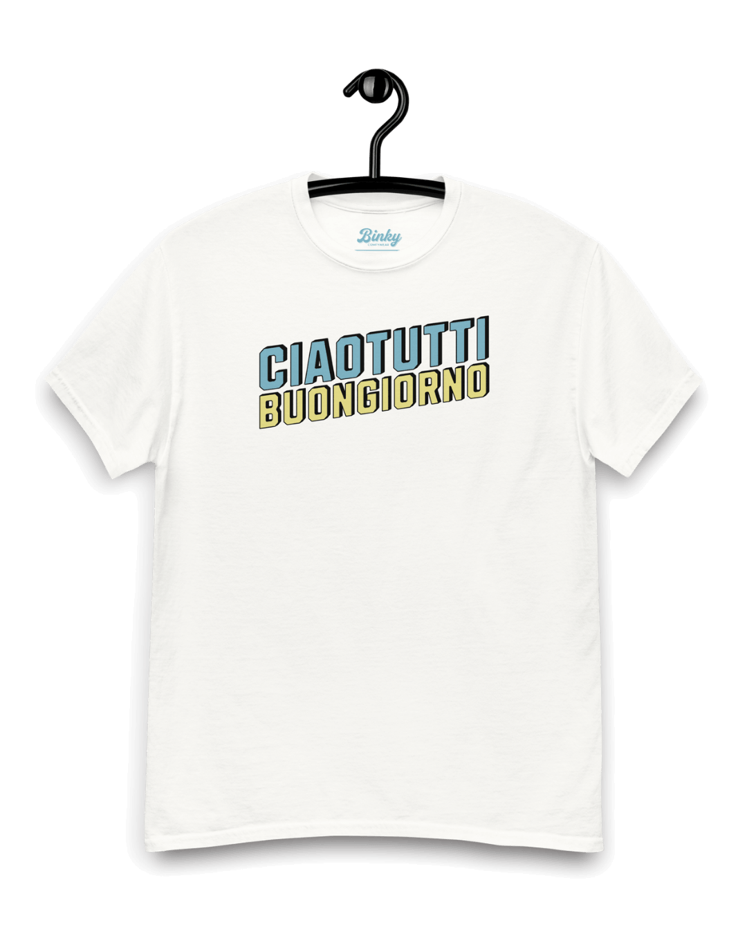 Ciao Tutti T-shirt | Buongiorno Classic displayed on a hanger, showcasing the Italian greeting design.