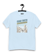 Ciao Tutti T-shirt featuring vintage Italian design on light blue fabric.