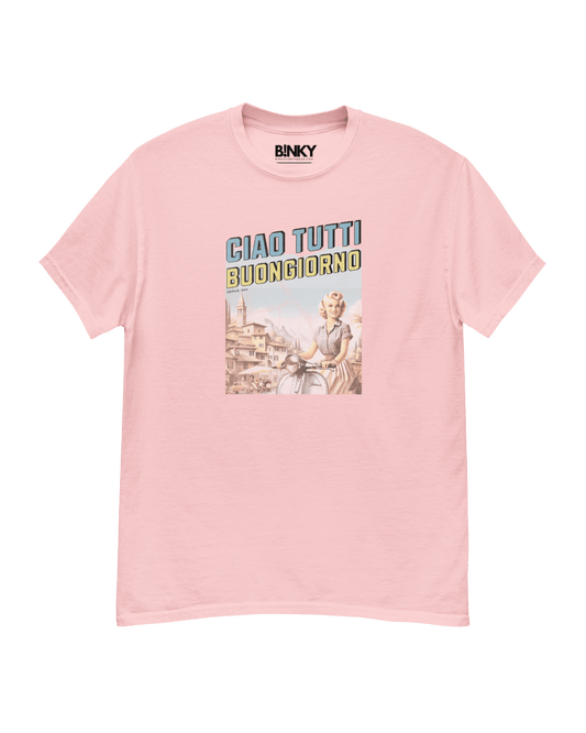 Ciao Tutti T-Shirt by Binky Comfywear, pink unisex graphic tee featuring 'Ciao Tutti Buongiorno' design.