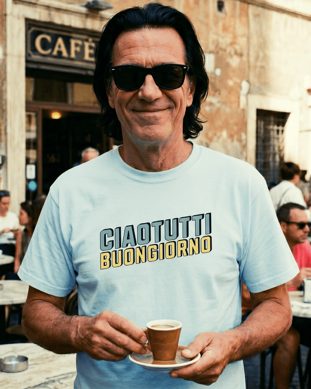 Ciao Tutti T-shirt | Buongiorno Classic worn by a man holding an espresso, exuding Italian hospitality.