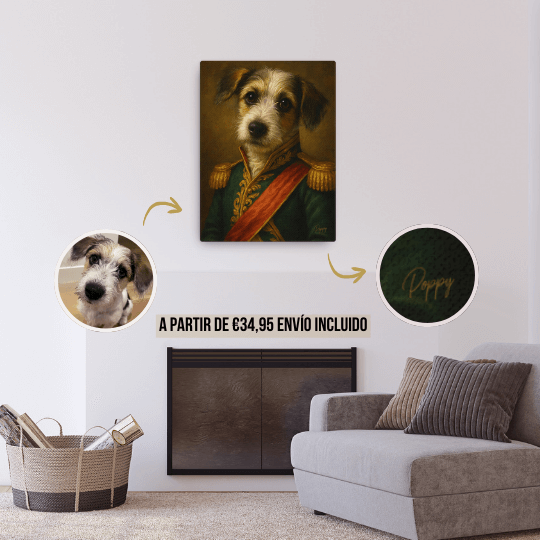 Custom dog portrait displayed in living room, showcasing a stylish painting featuring a cute dog.