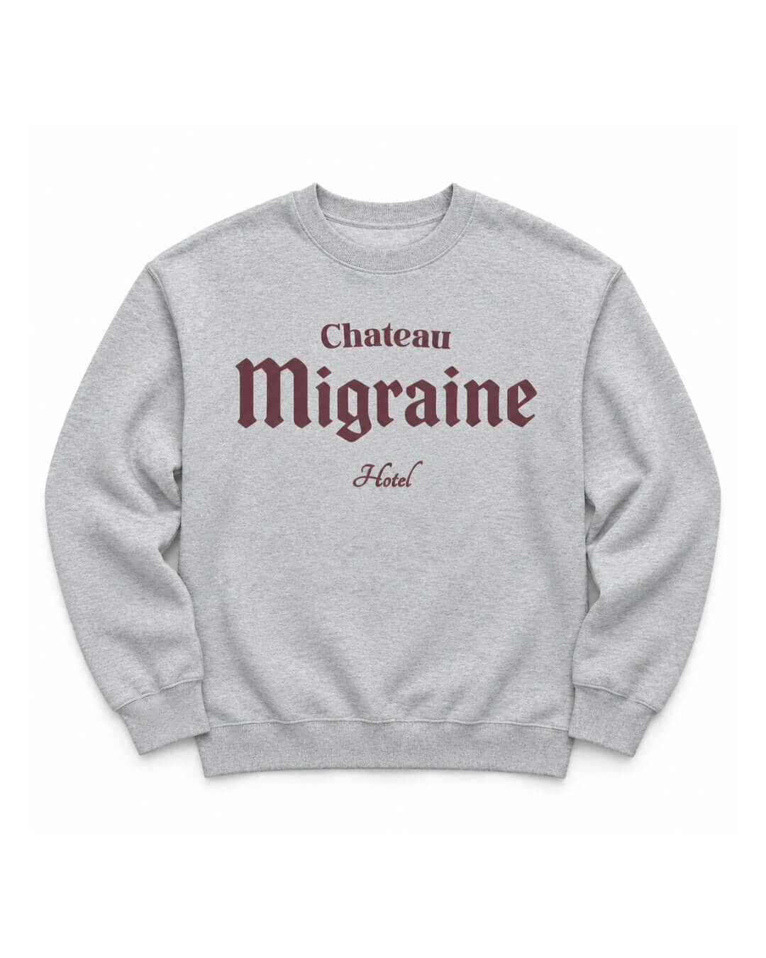 Chateau Migraine Soft Sweater in Sport Grey with mahogany Chateau Migraine Hotel chest graphic, front view.