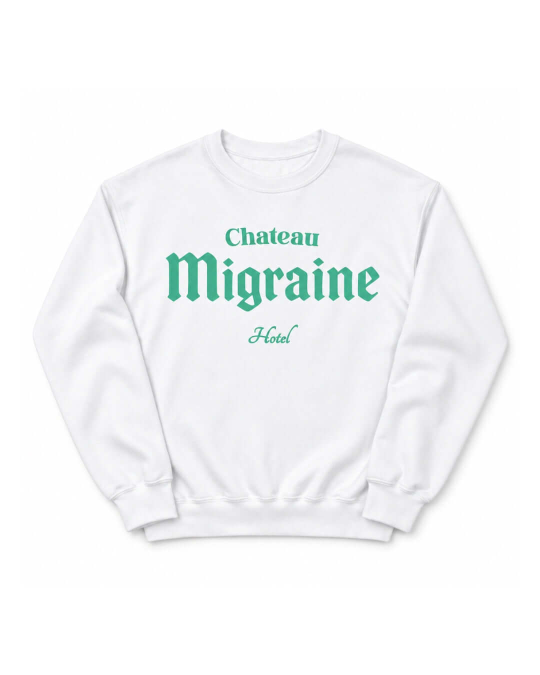 Chateau Migraine Soft Sweater in White with green Chateau Migraine Hotel chest graphic, front view.