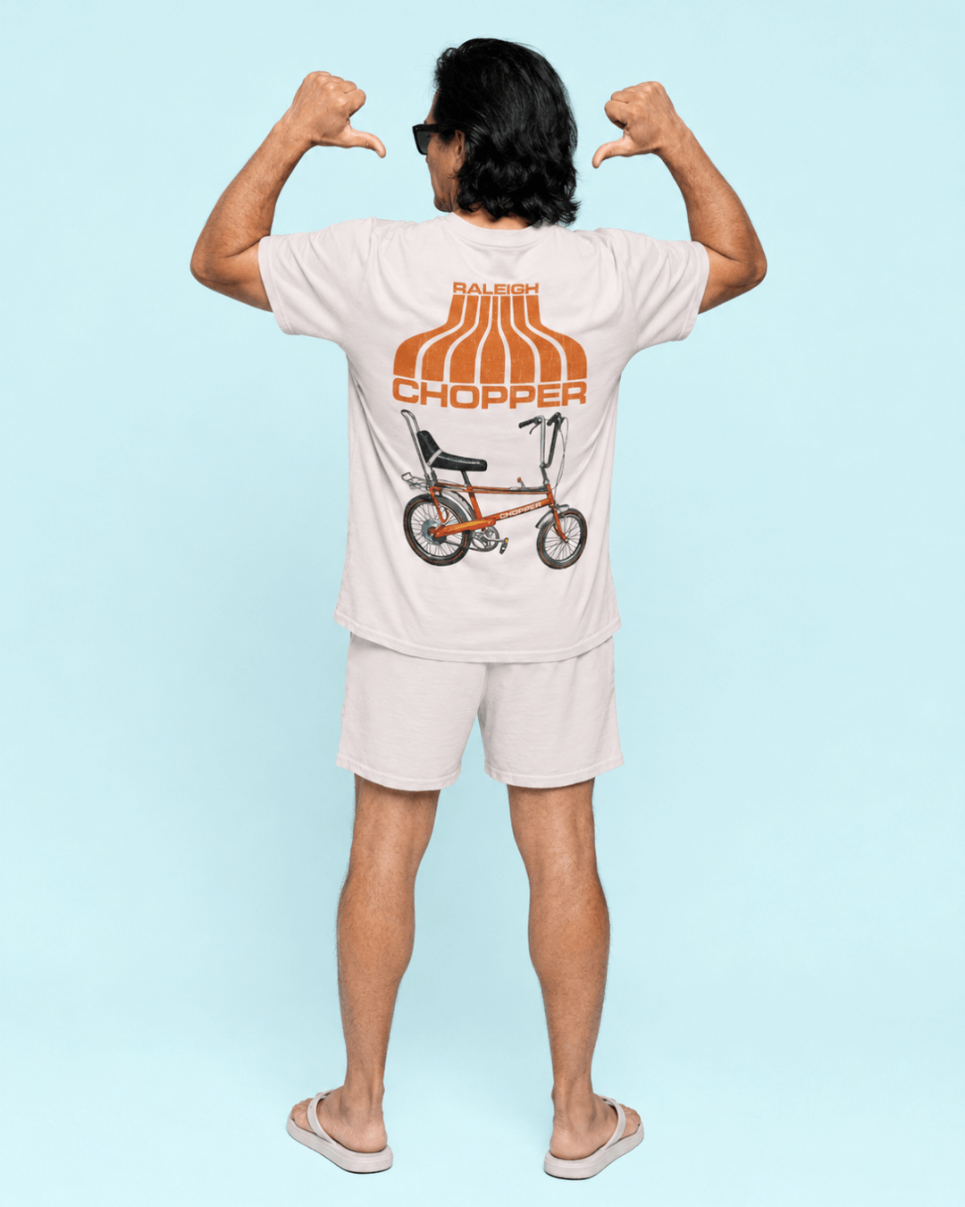 Man wearing a Chopper Bike T-Shirt | King Of The Block showcasing retro bike style with bold back print.