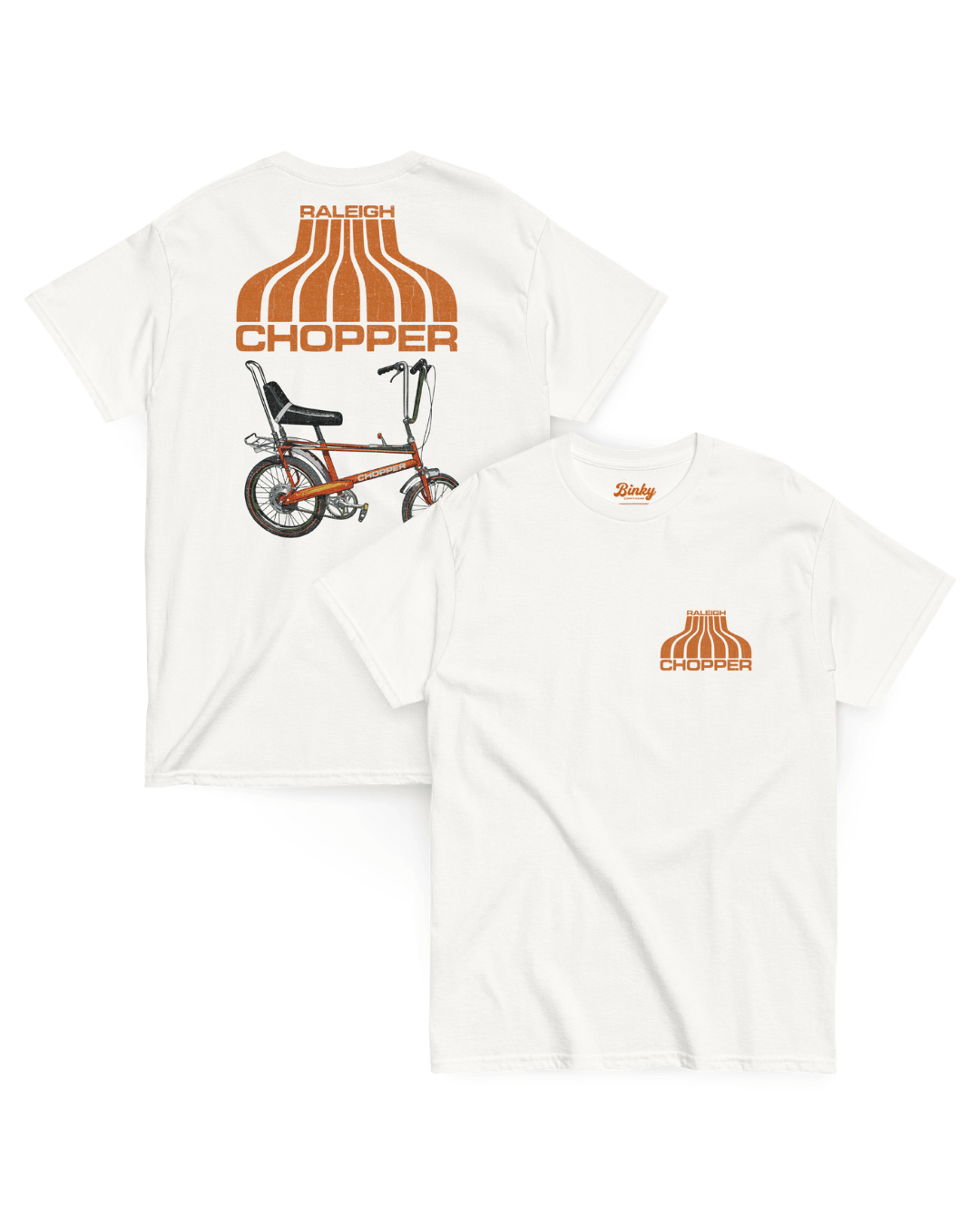 Chopper Bike T-Shirt | King Of The Block featuring a retro design with Raleigh Chopper graphics on a white tee.
