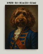 PERSONALIZED DOG PORTRAIT ON LUXURY CANVAS featuring a regal dog in a blue coat, 59.4 x 84.1 cm poster.