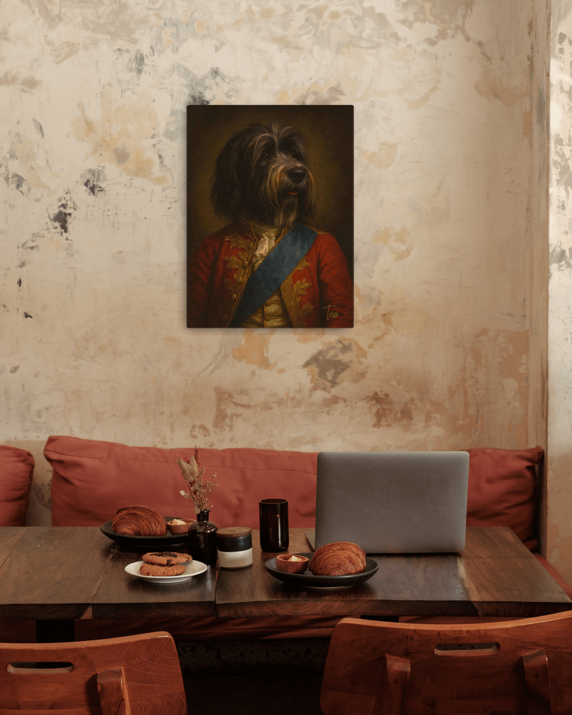 PERSONALIZED DOG PORTRAIT ON LUXURY CANVAS displayed in a cozy dining area with a rustic table and tasteful decor.