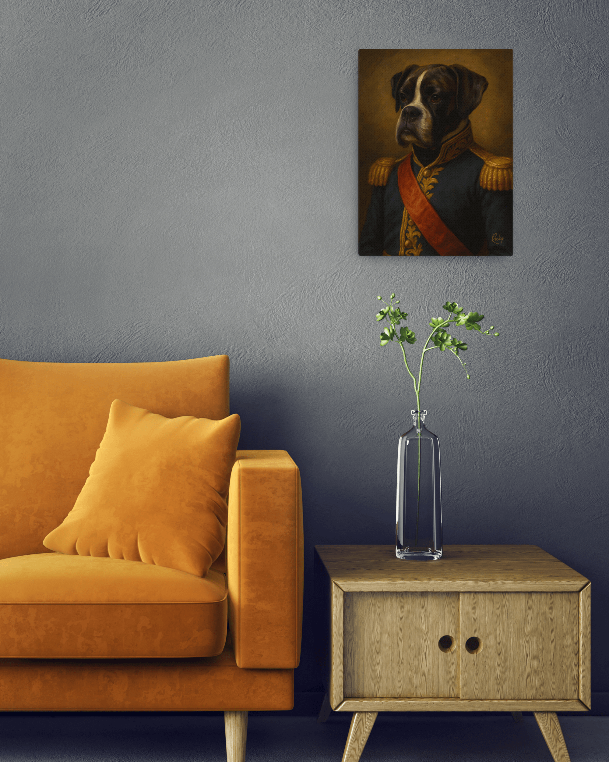 PERSONALIZED DOG PORTRAIT ON LUXURY CANVAS displayed in a stylish living room setting.