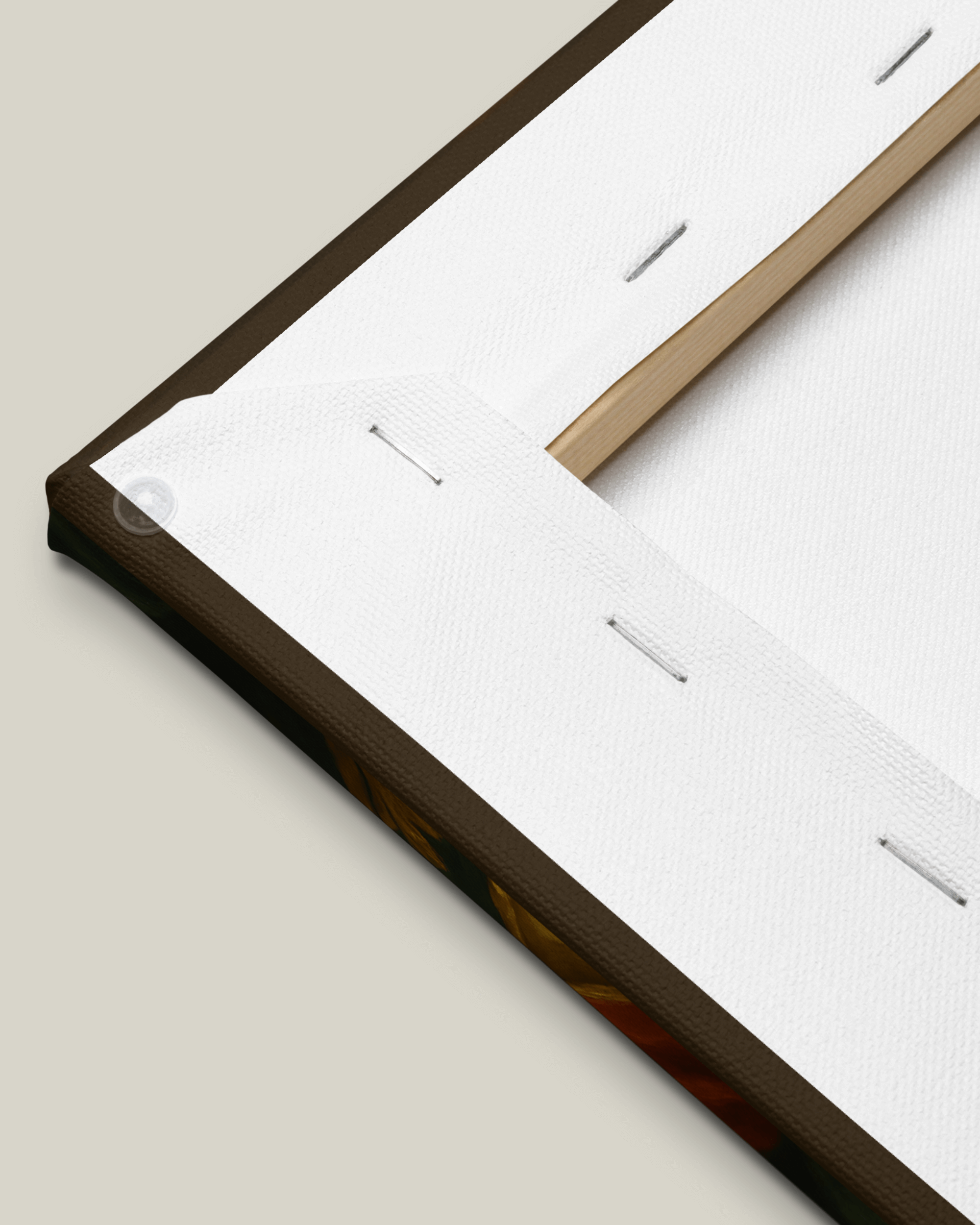 Close-up view of the premium canvas and sturdy pinewood frame of a personalized dog portrait on luxury canvas.