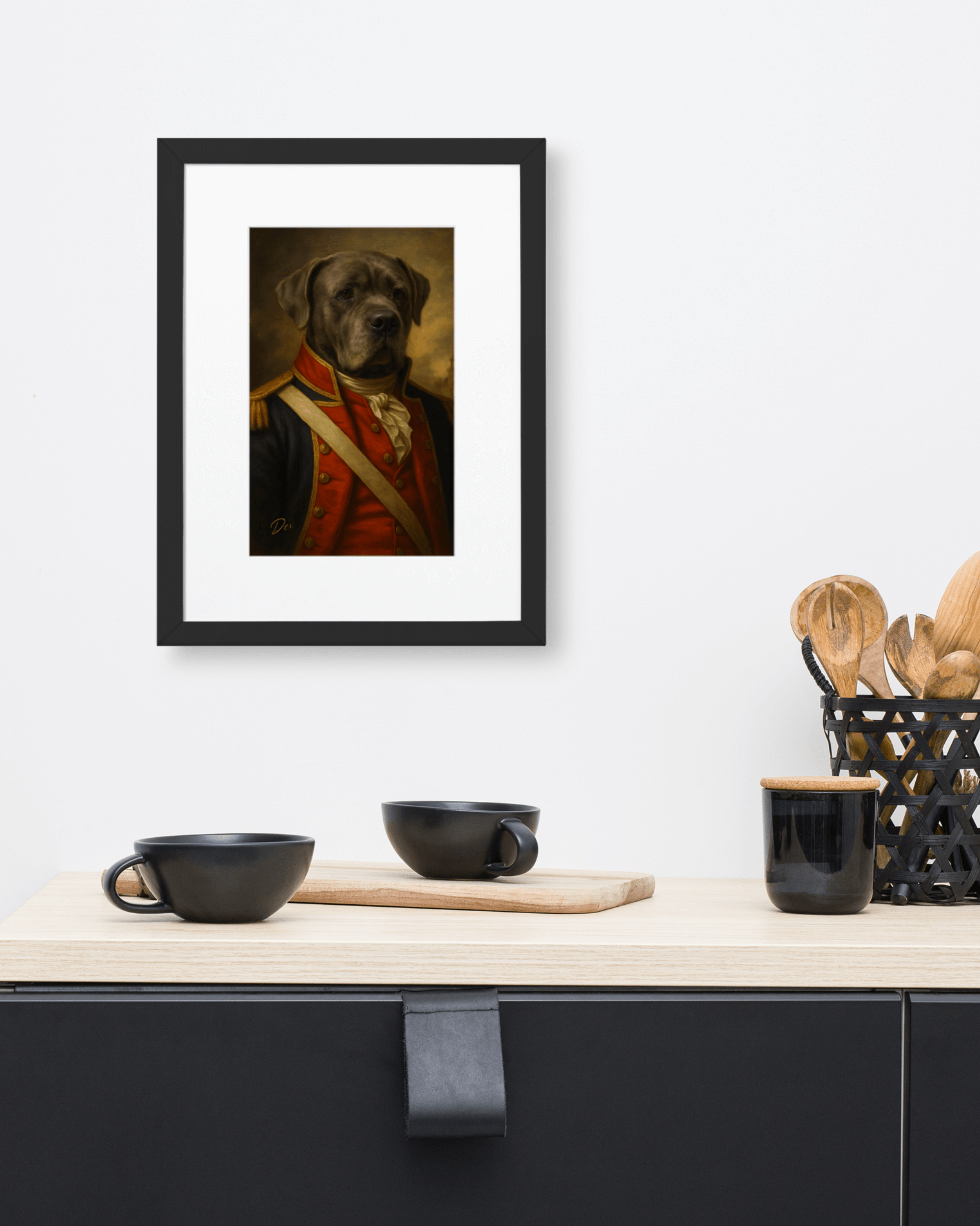 FRAMED PERSONALIZED DOG PORTRAIT displayed elegantly in a kitchen with modern decor and utensils.