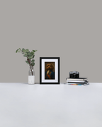 Framed personalized dog portrait displayed in a modern interior