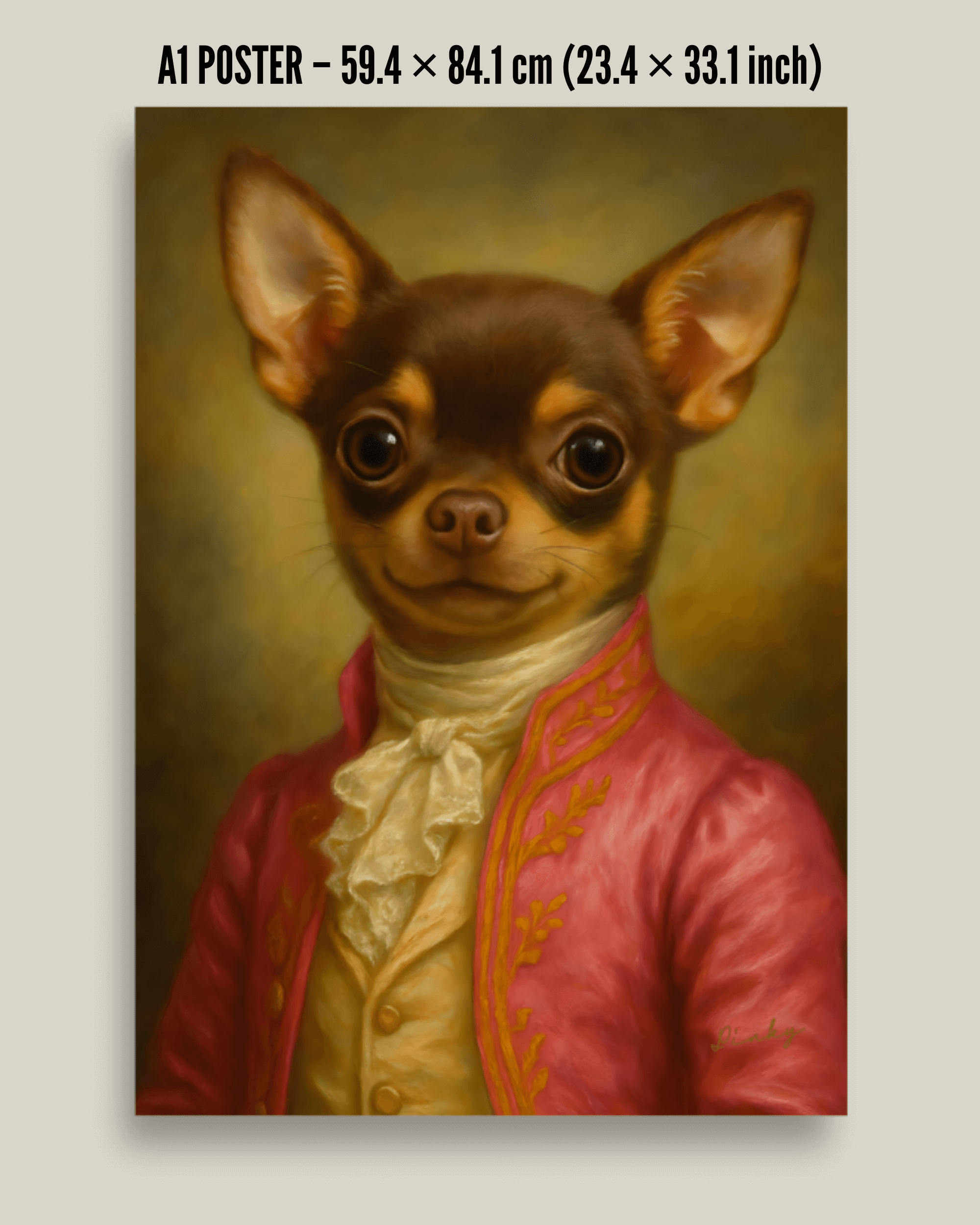 PERSONALIZED DOG PORTRAIT POSTER featuring a whimsical painted Chihuahua in a pink costume.