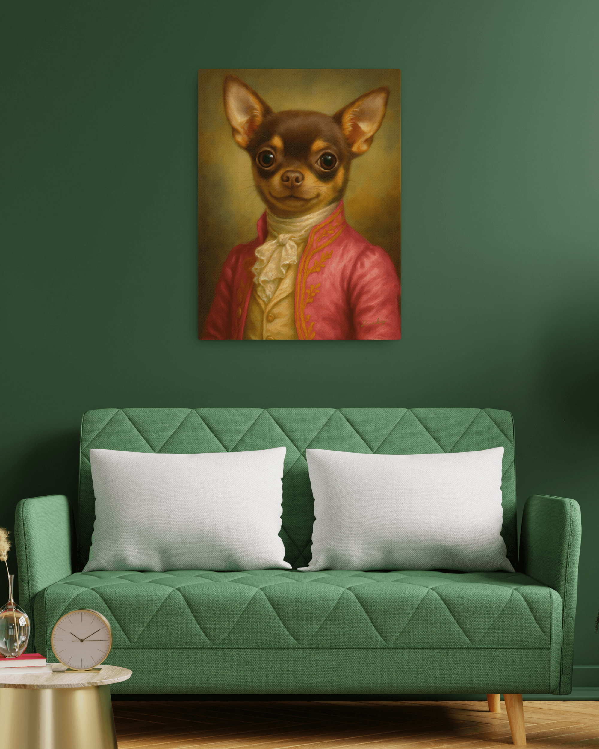 Personalized dog portrait poster of a Chihuahua in a vintage outfit, displayed in a stylish living room setting.