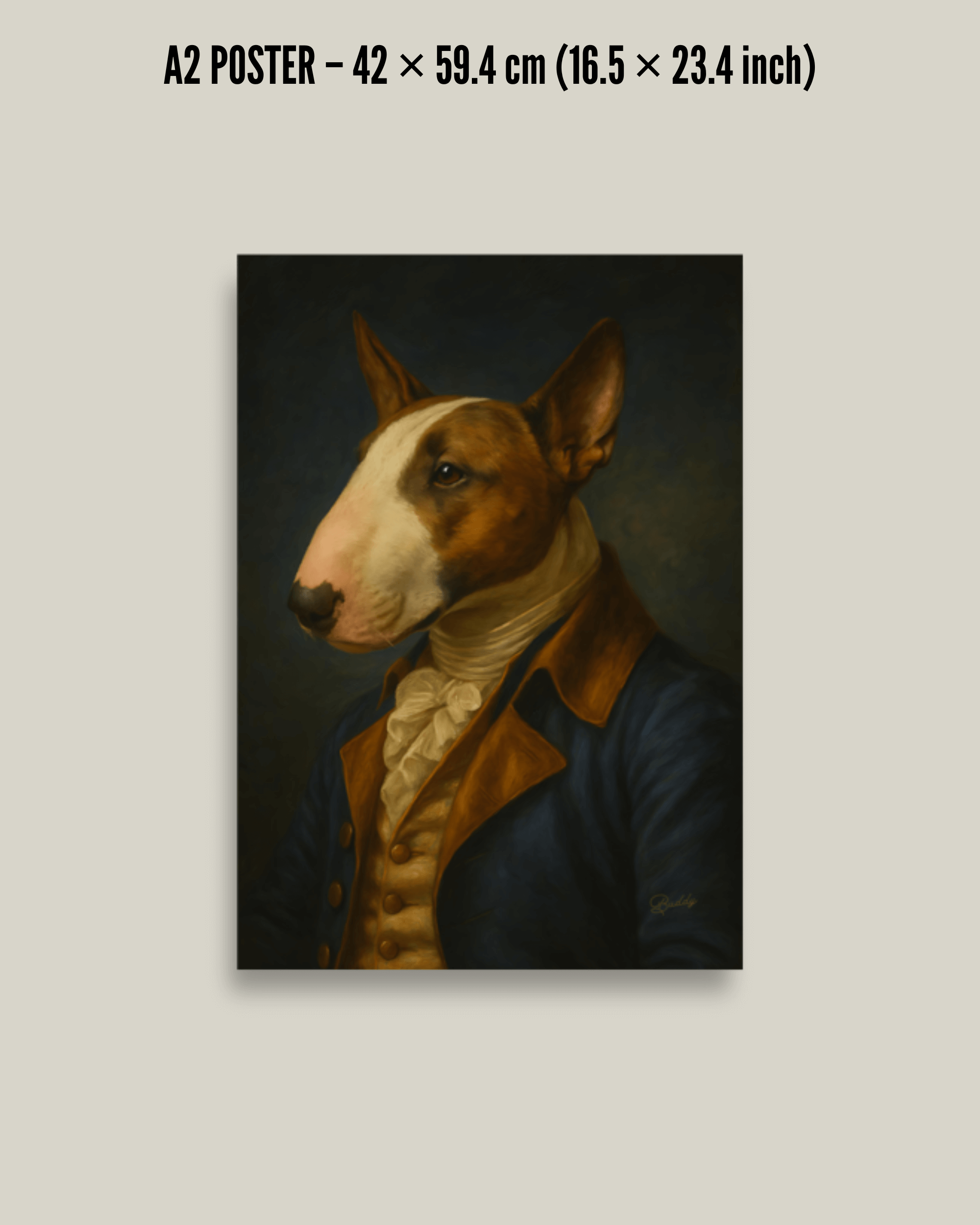PERSONALIZED DOG PORTRAIT POSTER featuring a dog in a formal coat, printed on high-quality paper.