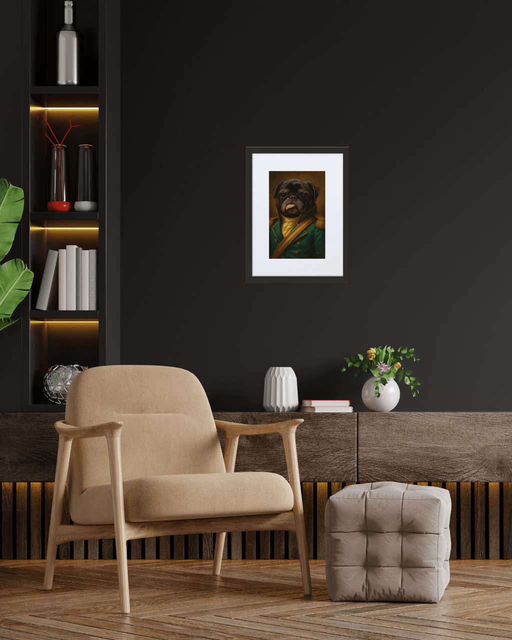 Gepersonaliseerd hondenportret, stijlvol ingelijst in modern interieur met een stoel.