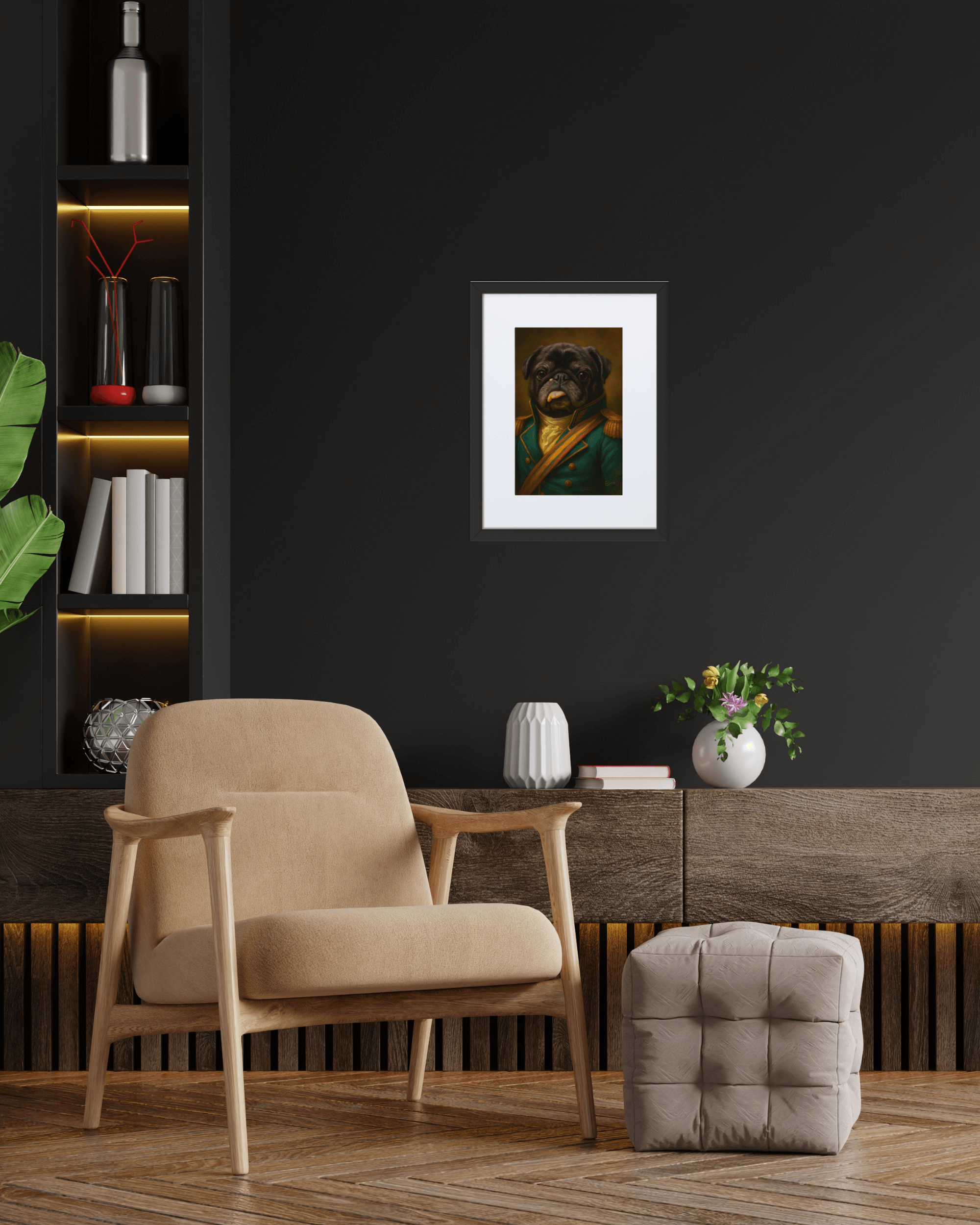 Gepersonaliseerd hondenportret, stijlvol ingelijst in modern interieur met een stoel.