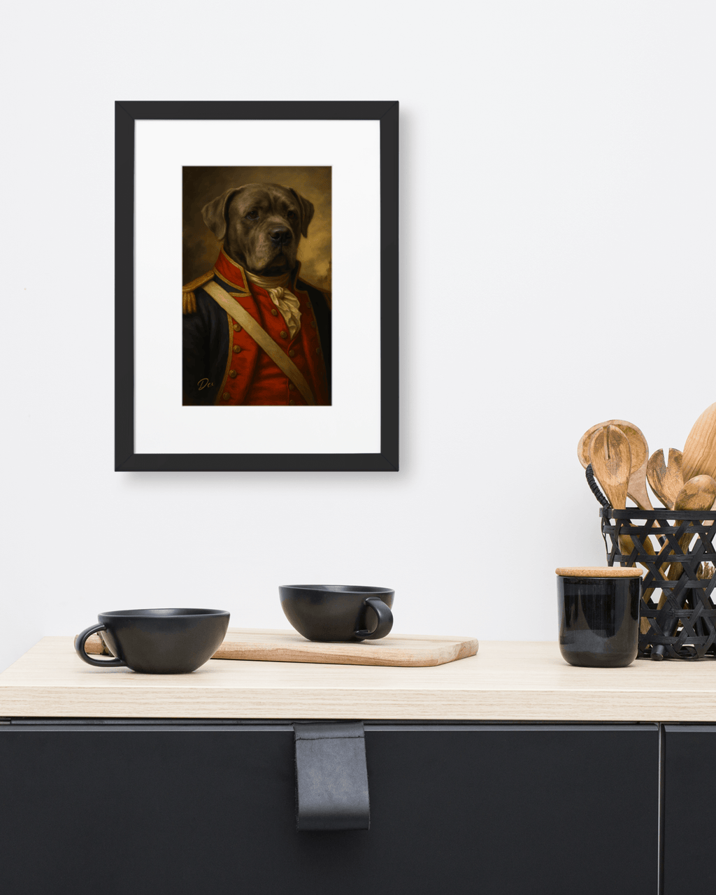 Gepersonaliseerd hondenportret in stijlvolle lijst, perfect als hondenportret cadeau of op canvas laten maken.