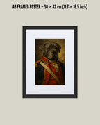 FRAMED PERSONALIZED DOG PORTRAIT of a dog in a classic outfit, beautifully framed in black with white mat.