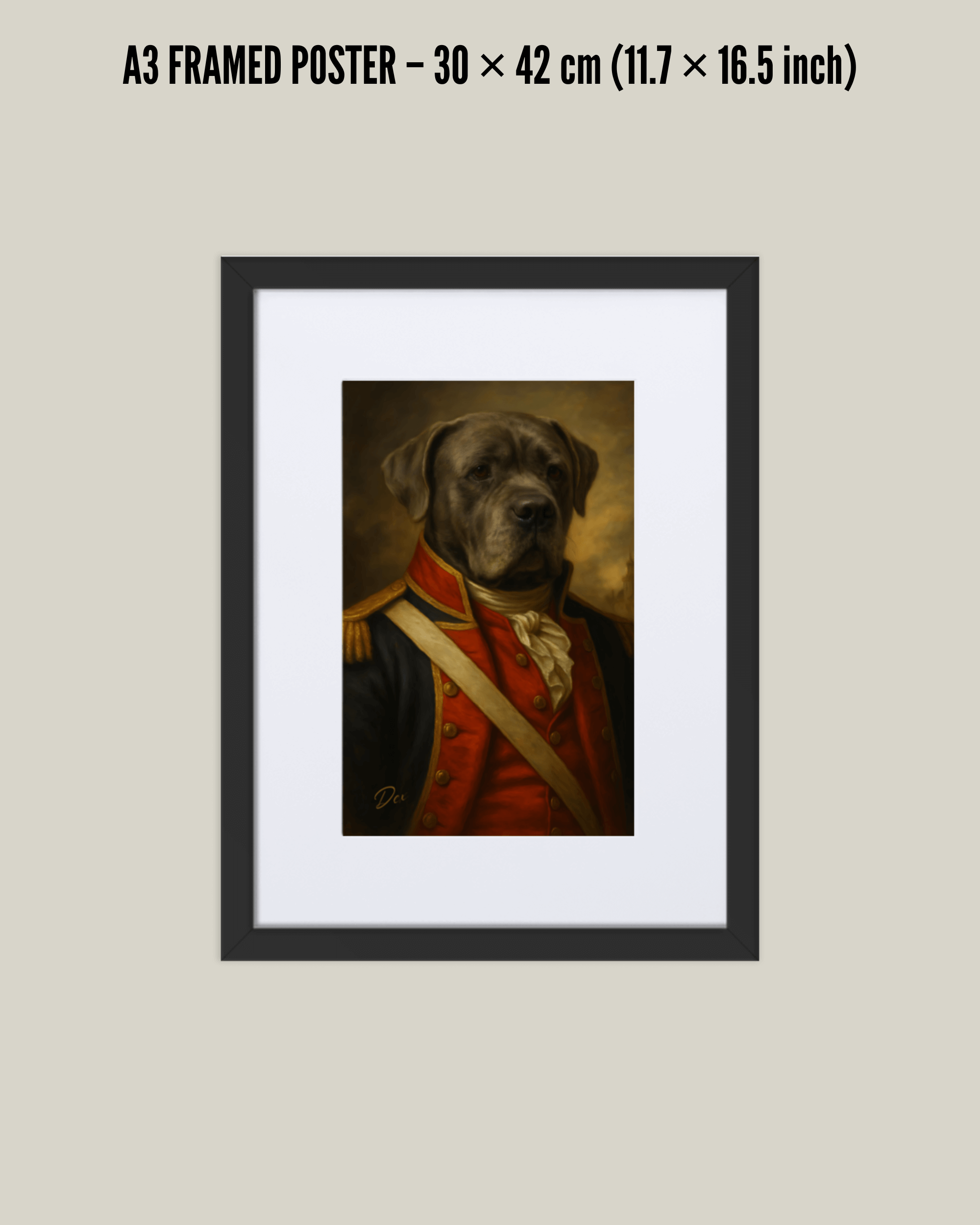FRAMED PERSONALIZED DOG PORTRAIT of a dog in a classic outfit, beautifully framed in black with white mat.