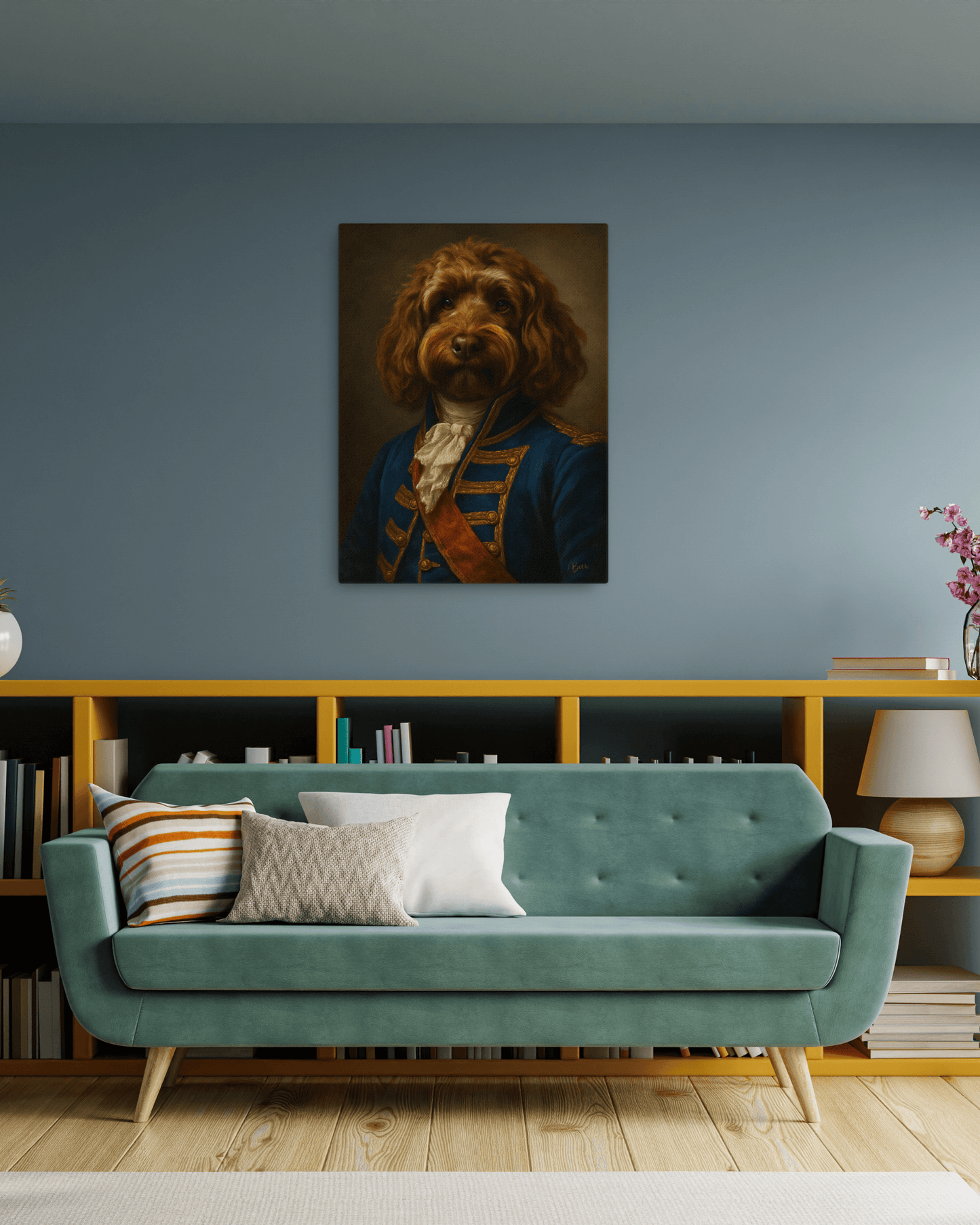 Gepersonaliseerd hondenportret op canvas in een stijlvolle woonkamer, perfect als hondenportret cadeau.