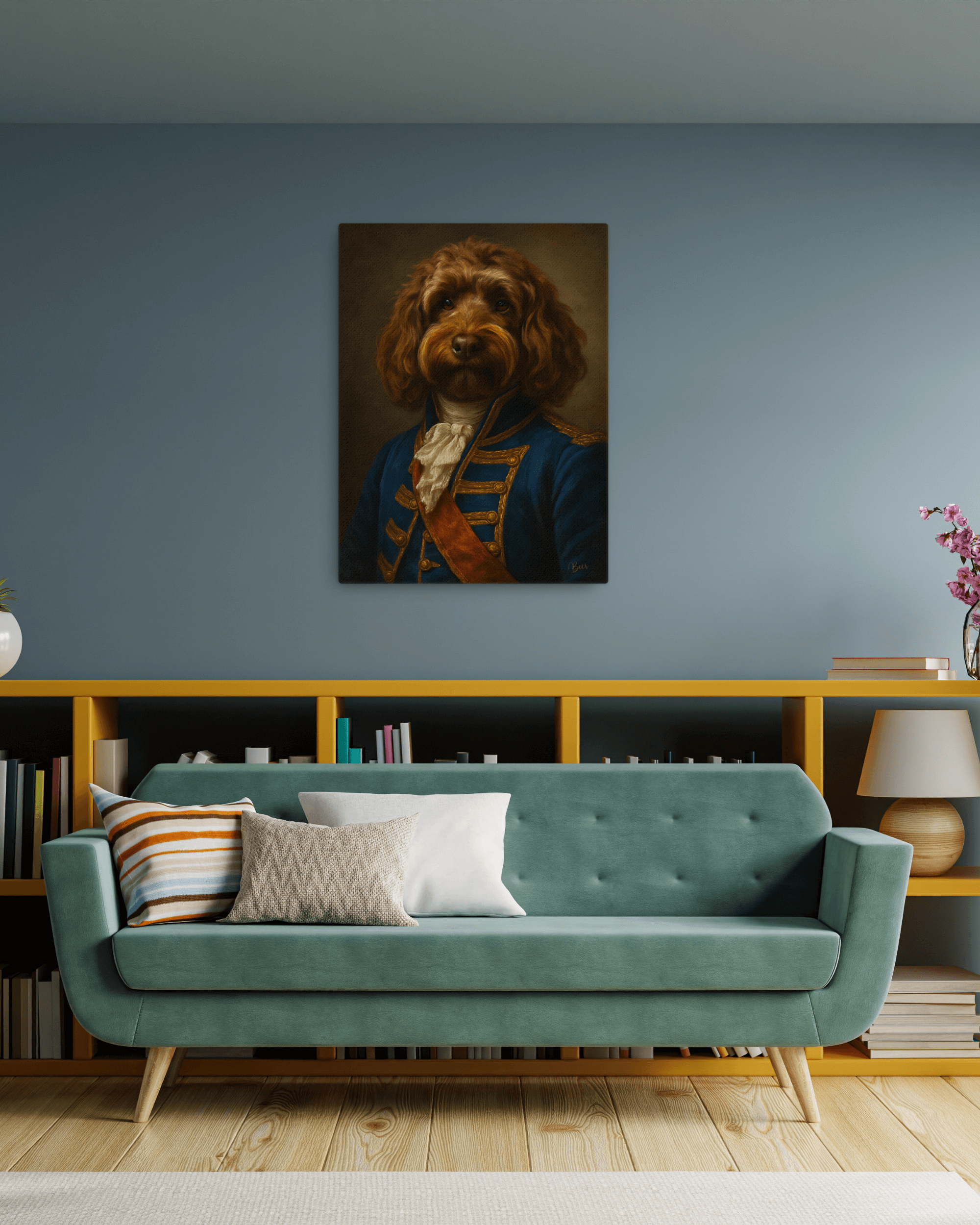 Gepersonaliseerd hondenportret op canvas in een stijlvolle woonkamer, perfect als hondenportret cadeau.