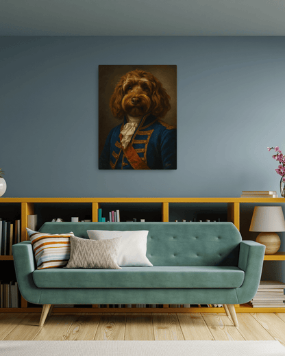 Gepersonaliseerd hondenportret op canvas in een stijlvolle woonkamer, perfect als hondenportret cadeau.