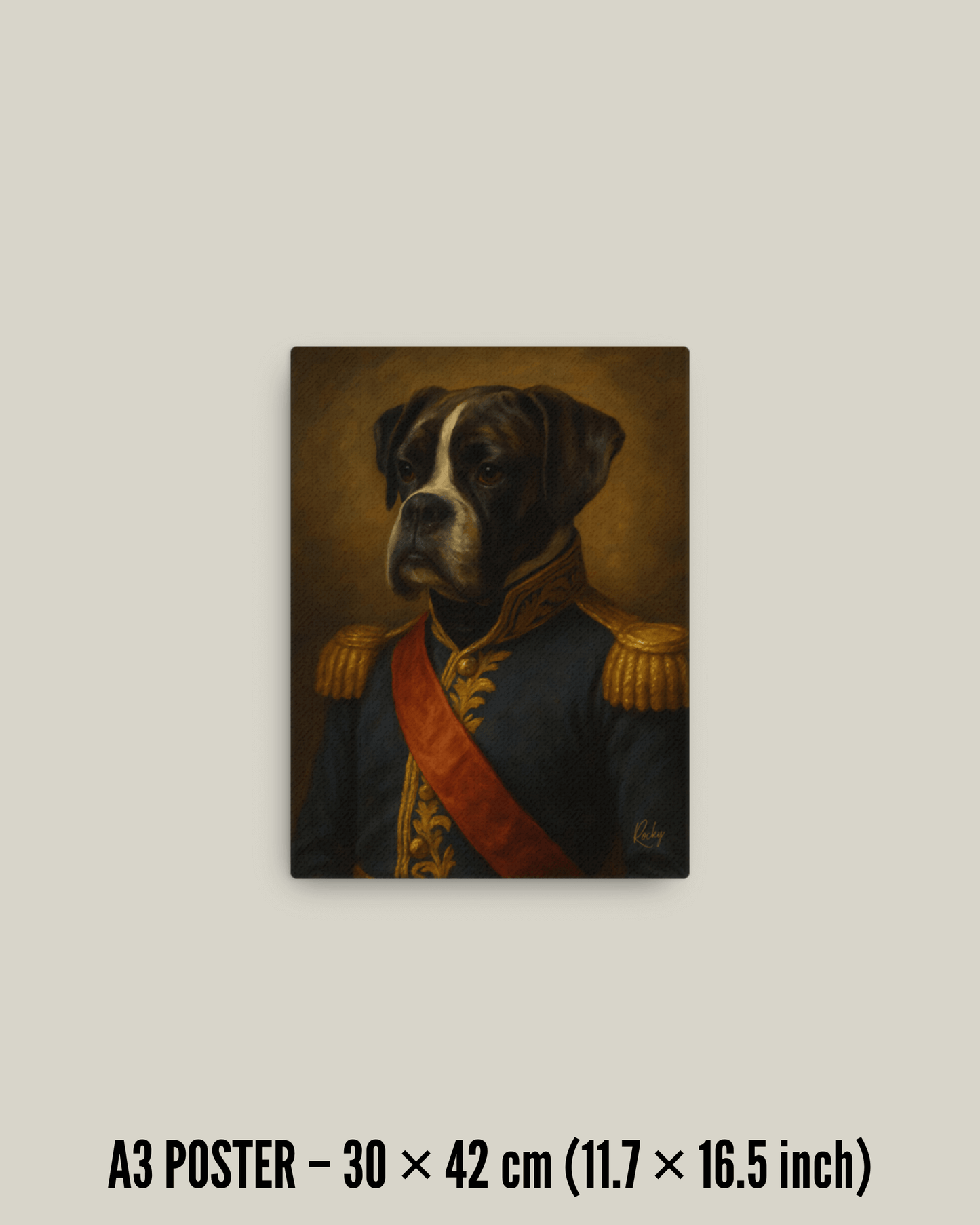 Gepersonaliseerd hondenportret op canvas van een elegante hond in een koninklijk kostuum, perfect als cadeau.