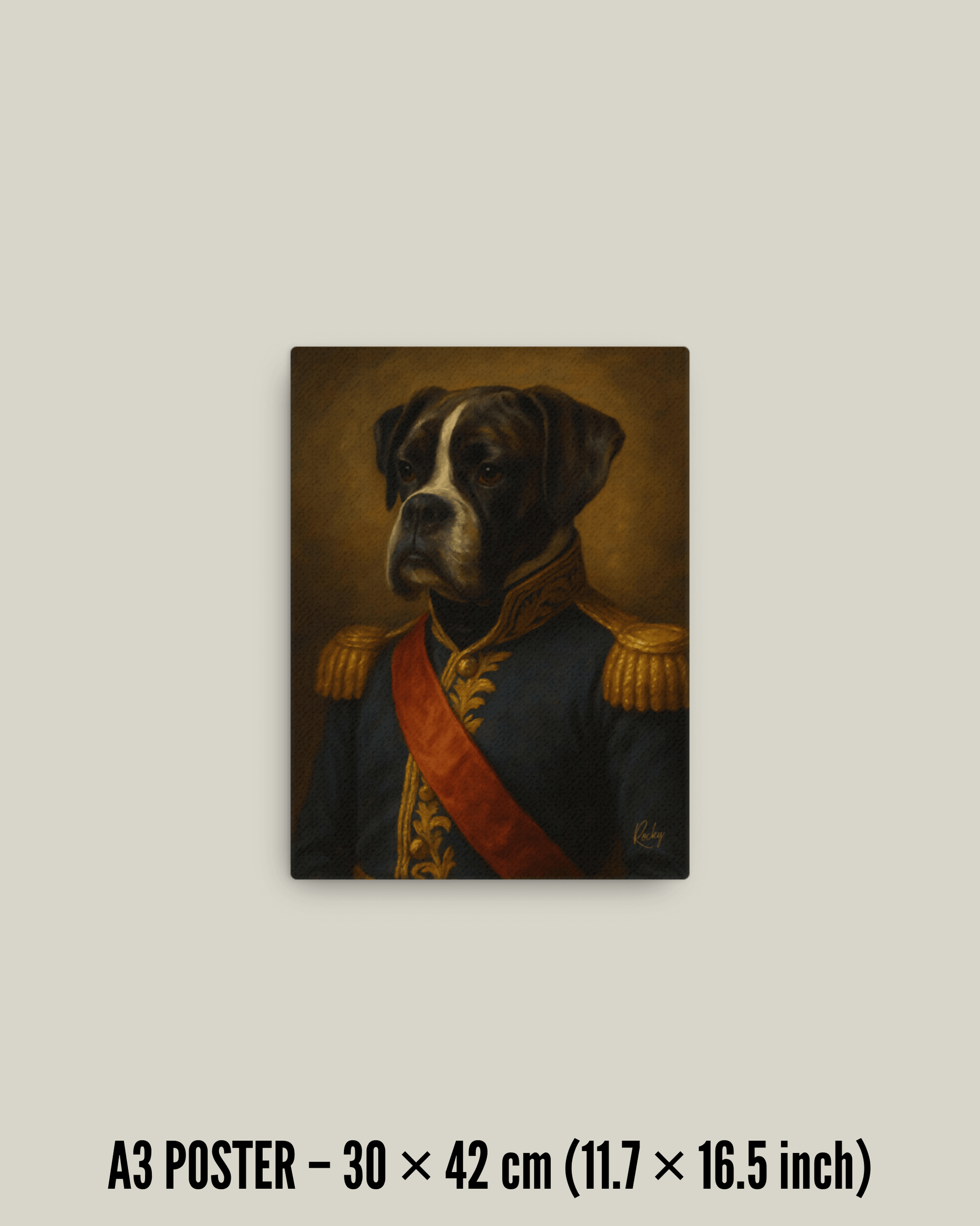 Gepersonaliseerd hondenportret op canvas van een elegante hond in een koninklijk kostuum, perfect als cadeau.