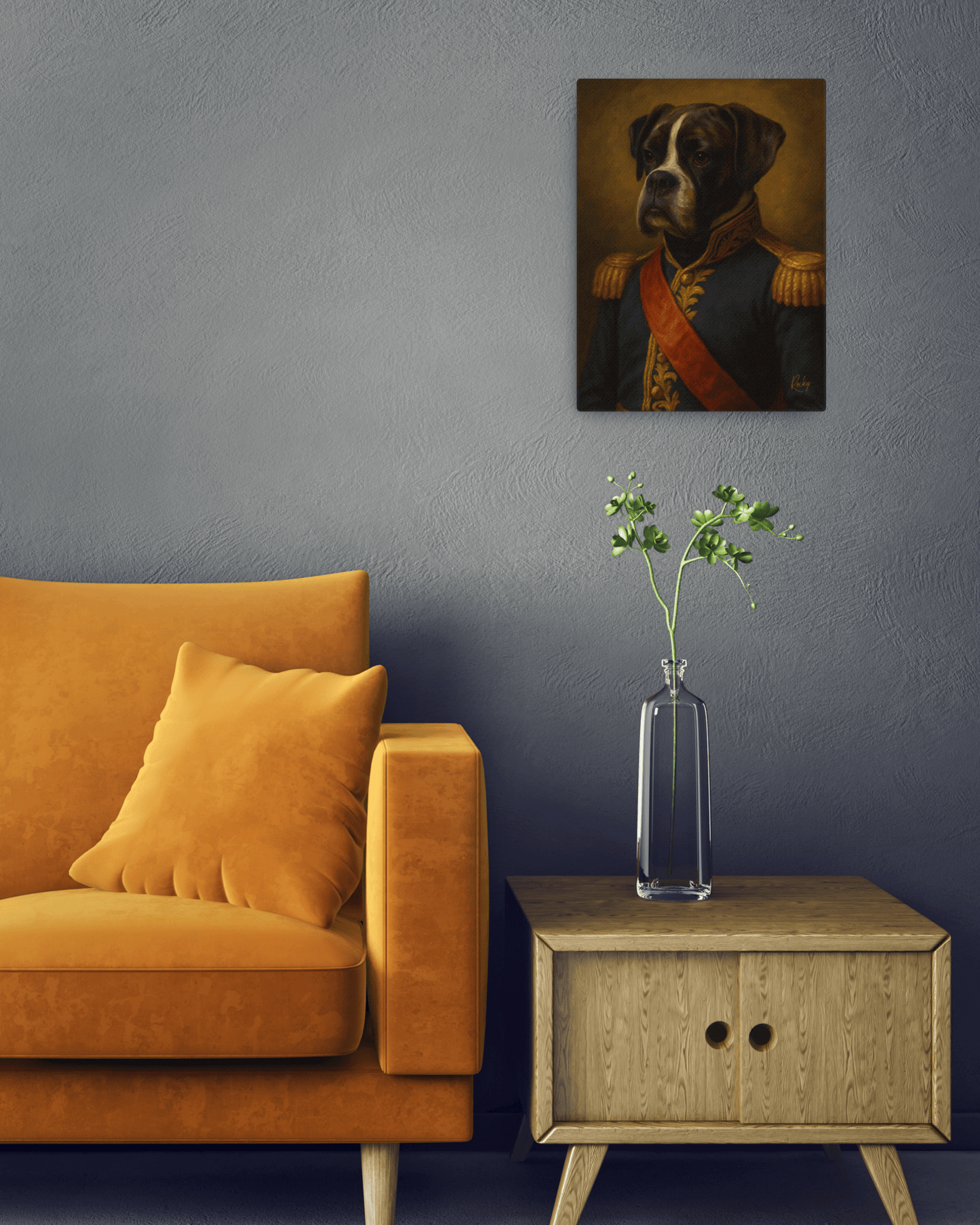Gepersonaliseerd hondenportret op canvas, ideaal als hondenportret cadeau, pronkt stijlvol in de woonkamer.