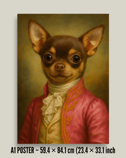 Custom dog portrait poster of a Chihuahua in an elegant attire, printed on premium paper.