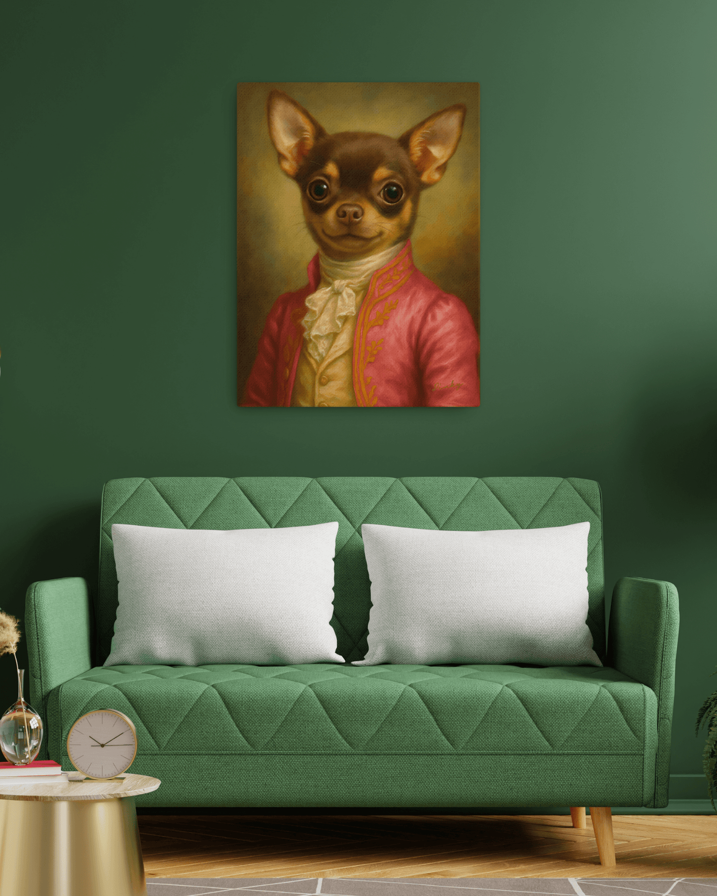 Custom dog portrait of a Chihuahua in elegant attire hanging above a green sofa.