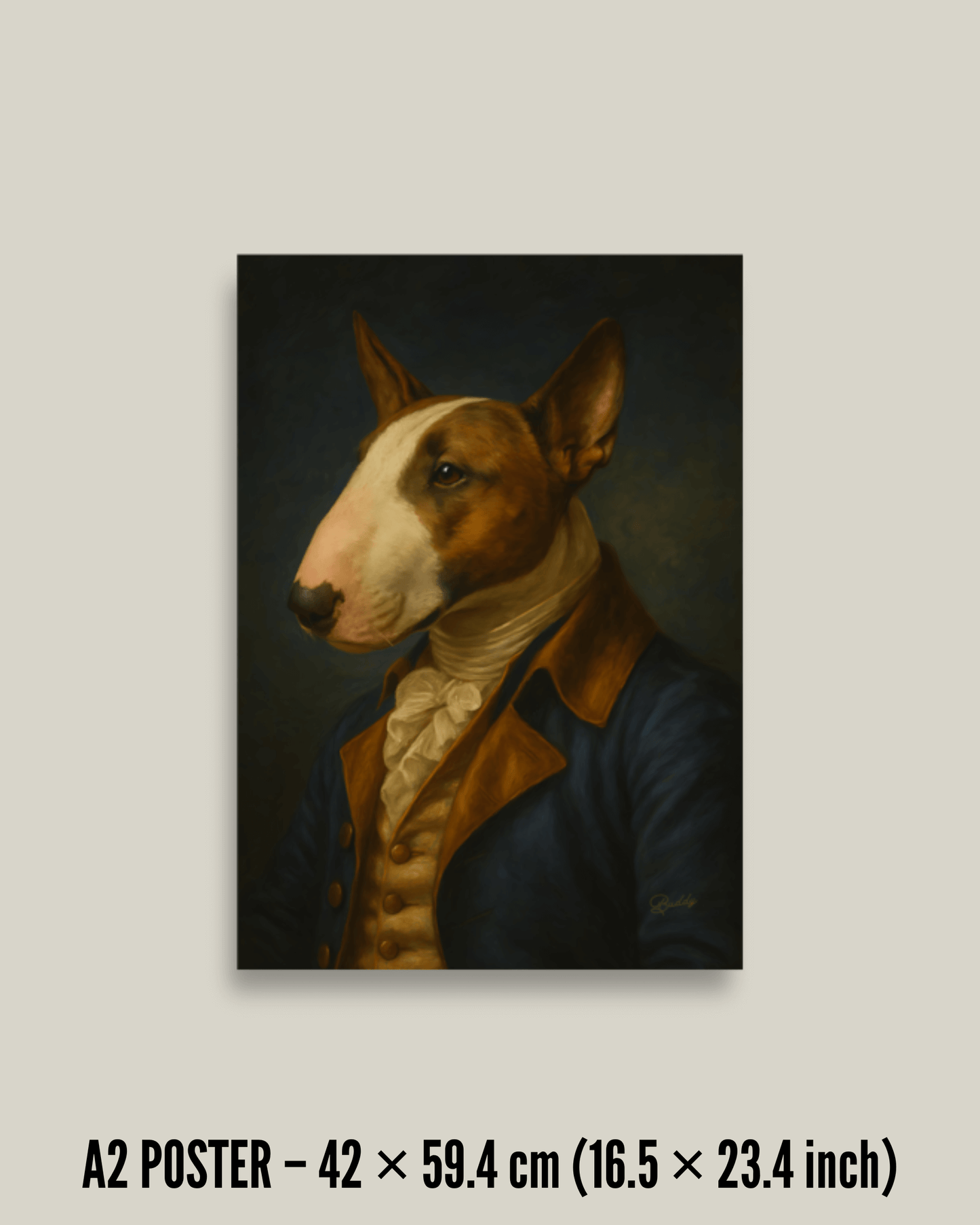Custom dog portrait poster of a Bull Terrier in elegant attire, showcasing vibrant colors and fine detail.