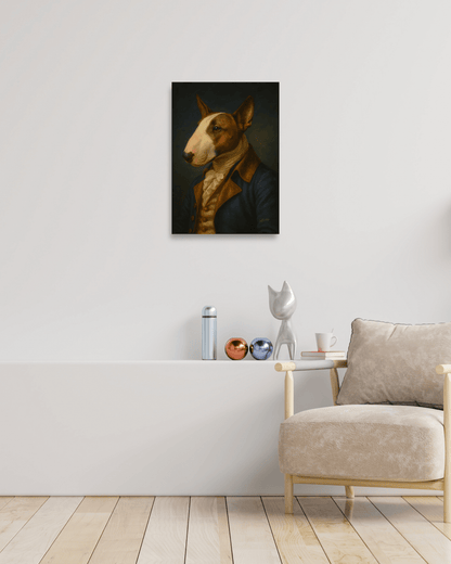 Elegant custom dog portrait poster displayed in stylish living room decor, showcasing a refined canine masterpiece.