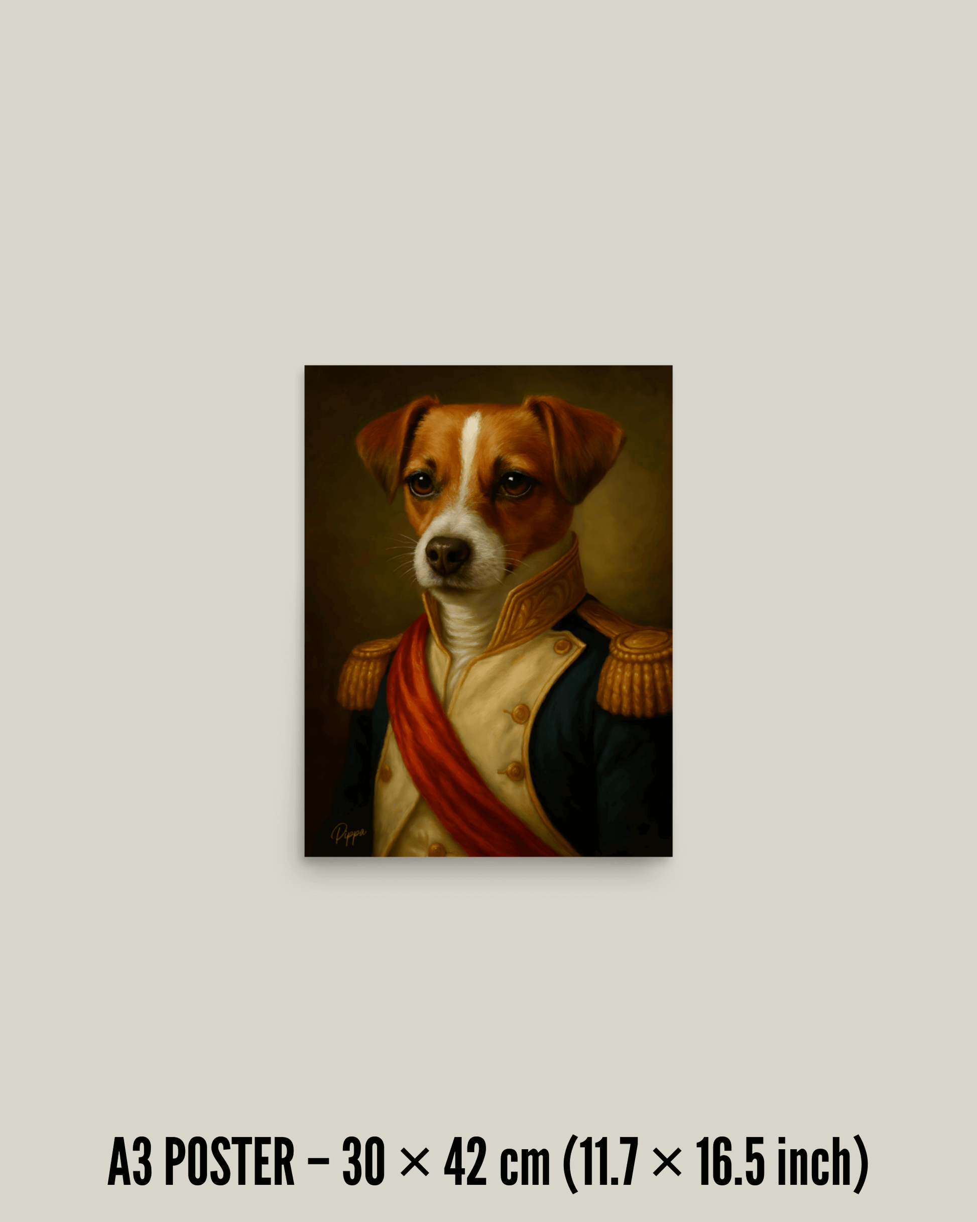 Custom dog portrait poster featuring a dog in elegant attire, perfect for wall art decor.