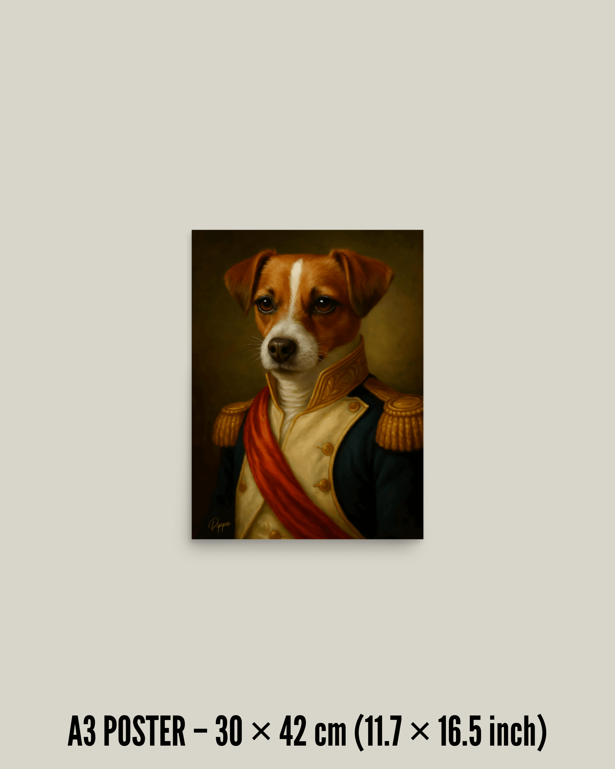 Gepersonaliseerd hondenportret in elegante stijl als A3 poster. Perfect als hondenportret cadeau.