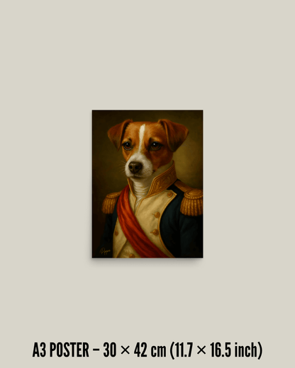 Custom dog portrait poster featuring a dog in elegant attire, perfect for wall art decor.
