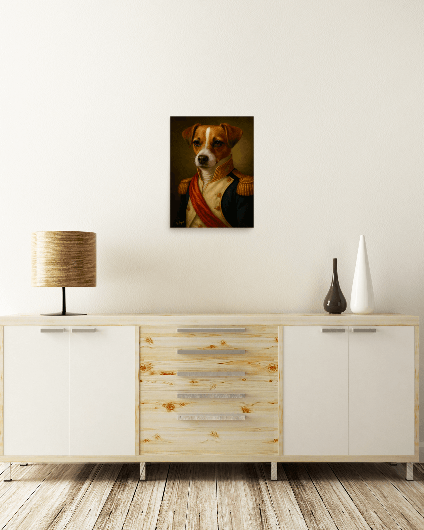 Custom dog portrait poster featuring a regal-looking dog on display in a modern home setting.