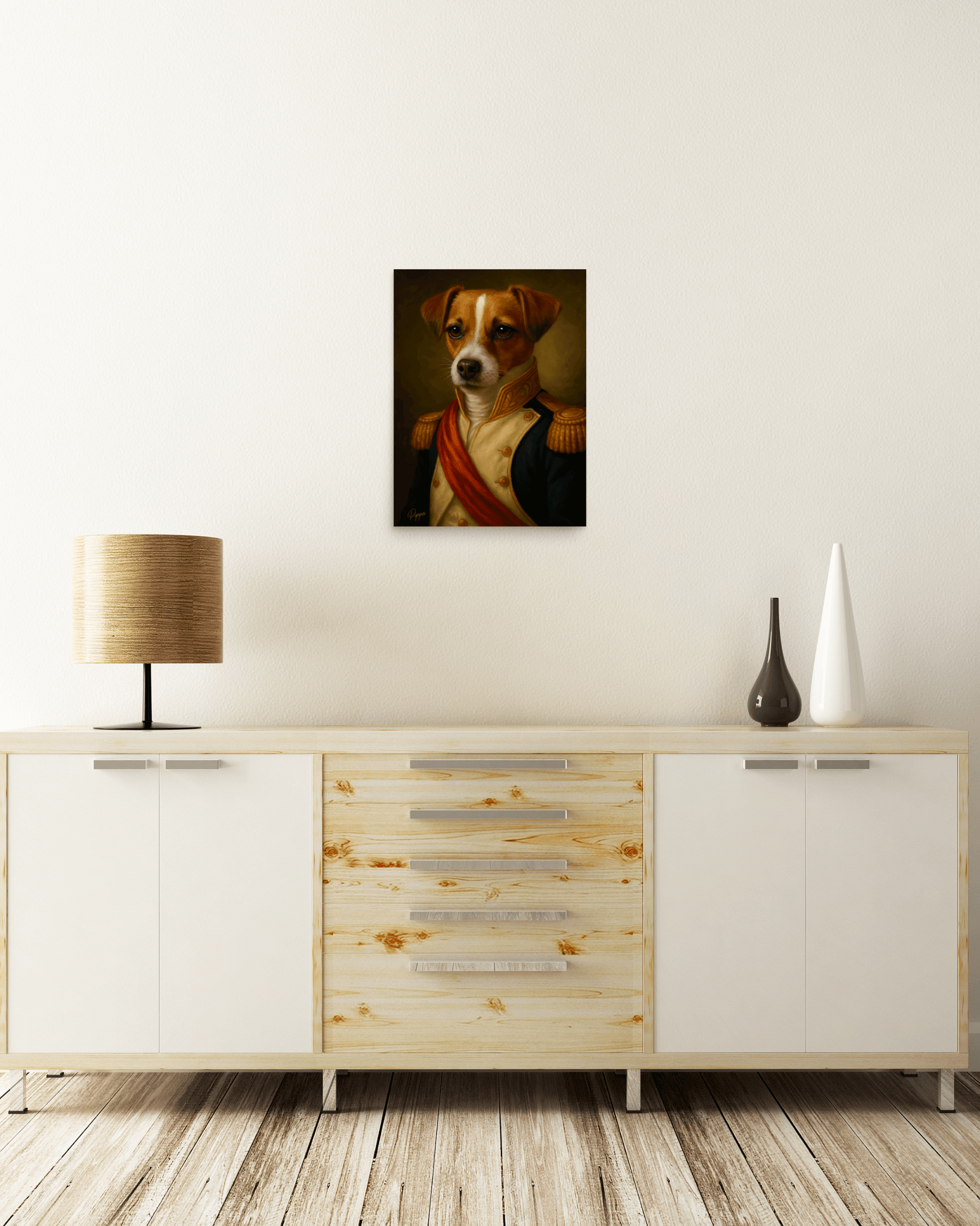 Custom dog portrait poster featuring a regal-looking dog on display in a modern home setting.