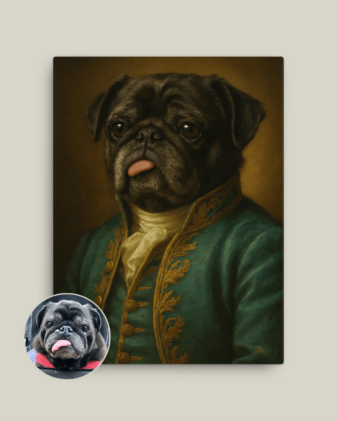 Custom dog portrait of a pug in a historical outfit, showcasing unique pet art.