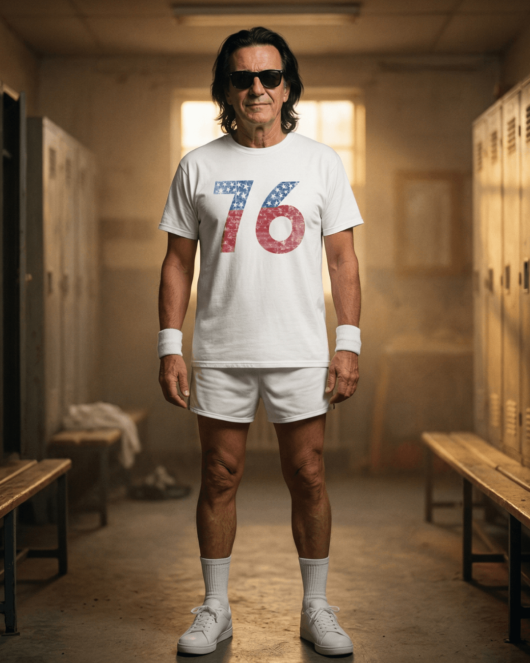 Delaware '76 T-shirt worn by a man in a vintage gym locker room, showcasing a retro style from the 1970s.