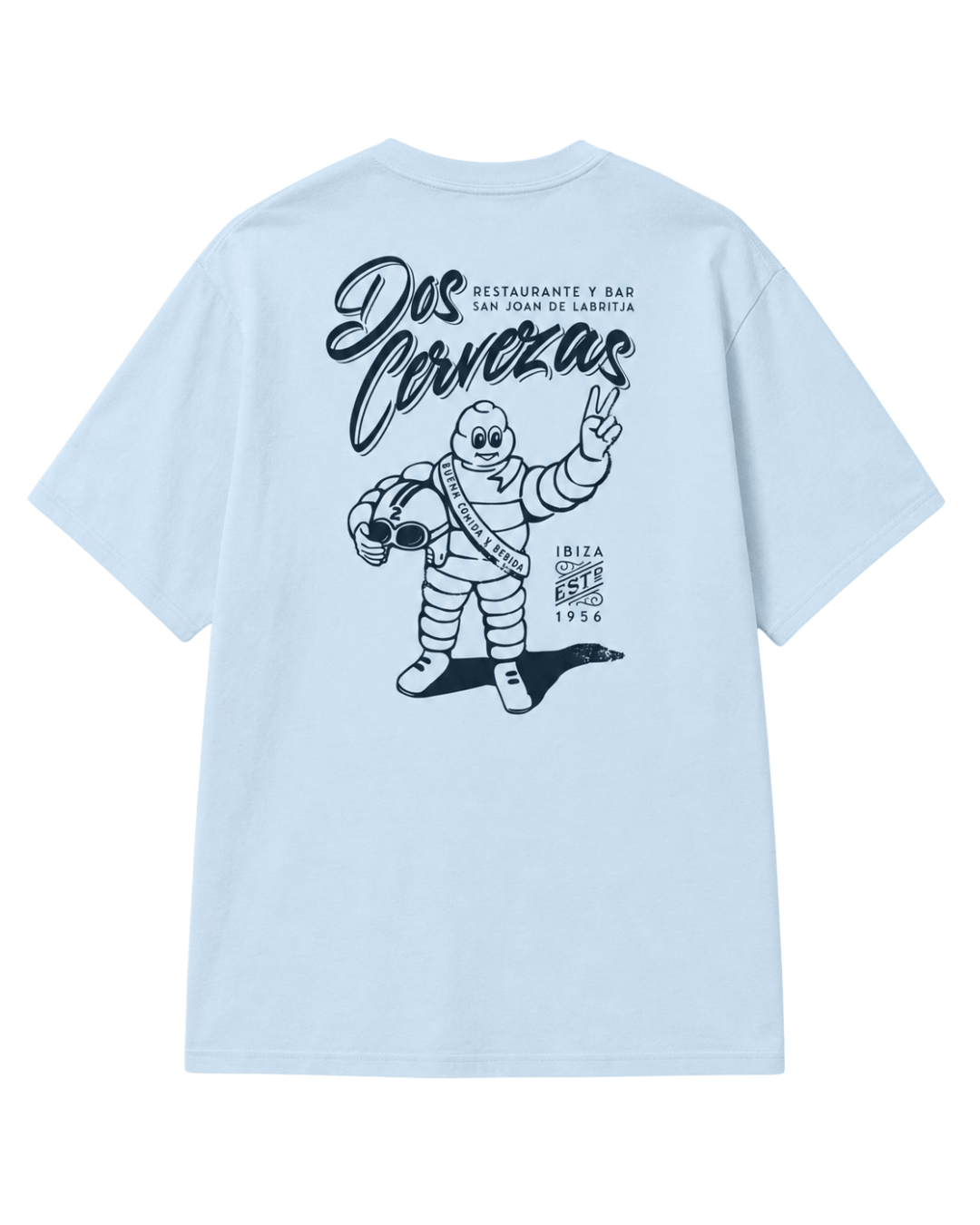 Dos Cervezas T-Shirt | Ibiza Vintage Style design featuring fun graphics and text on a light blue background.
