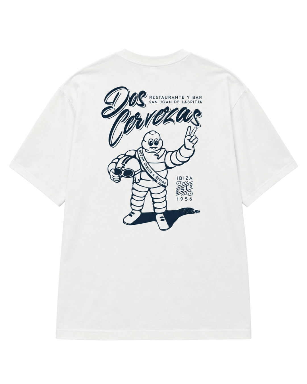 Dos Cervezas T-Shirt | Ibiza Vintage Style featuring a playful mascot design on a white background.