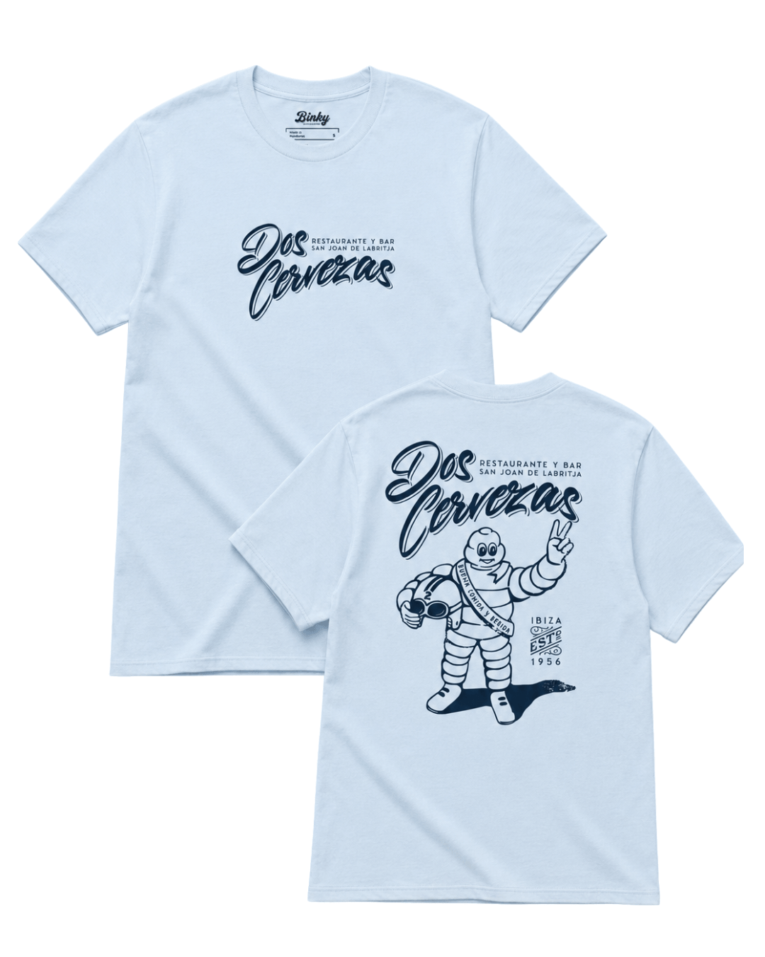 Dos Cervezas T-Shirt | Ibiza Vintage Style featuring a fun graphic design on a light blue tee.