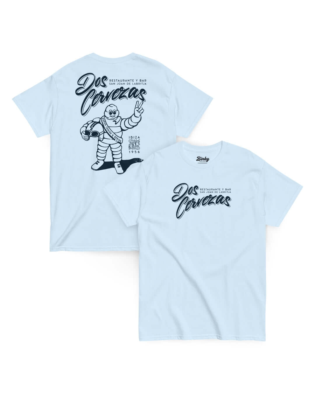 Dos Cervezas T-Shirt in Light Blue showing vintage Ibiza-style front and back graphics
